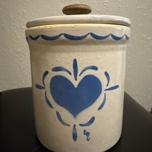 Rowe Pottery Works blue heart salt glazed crock